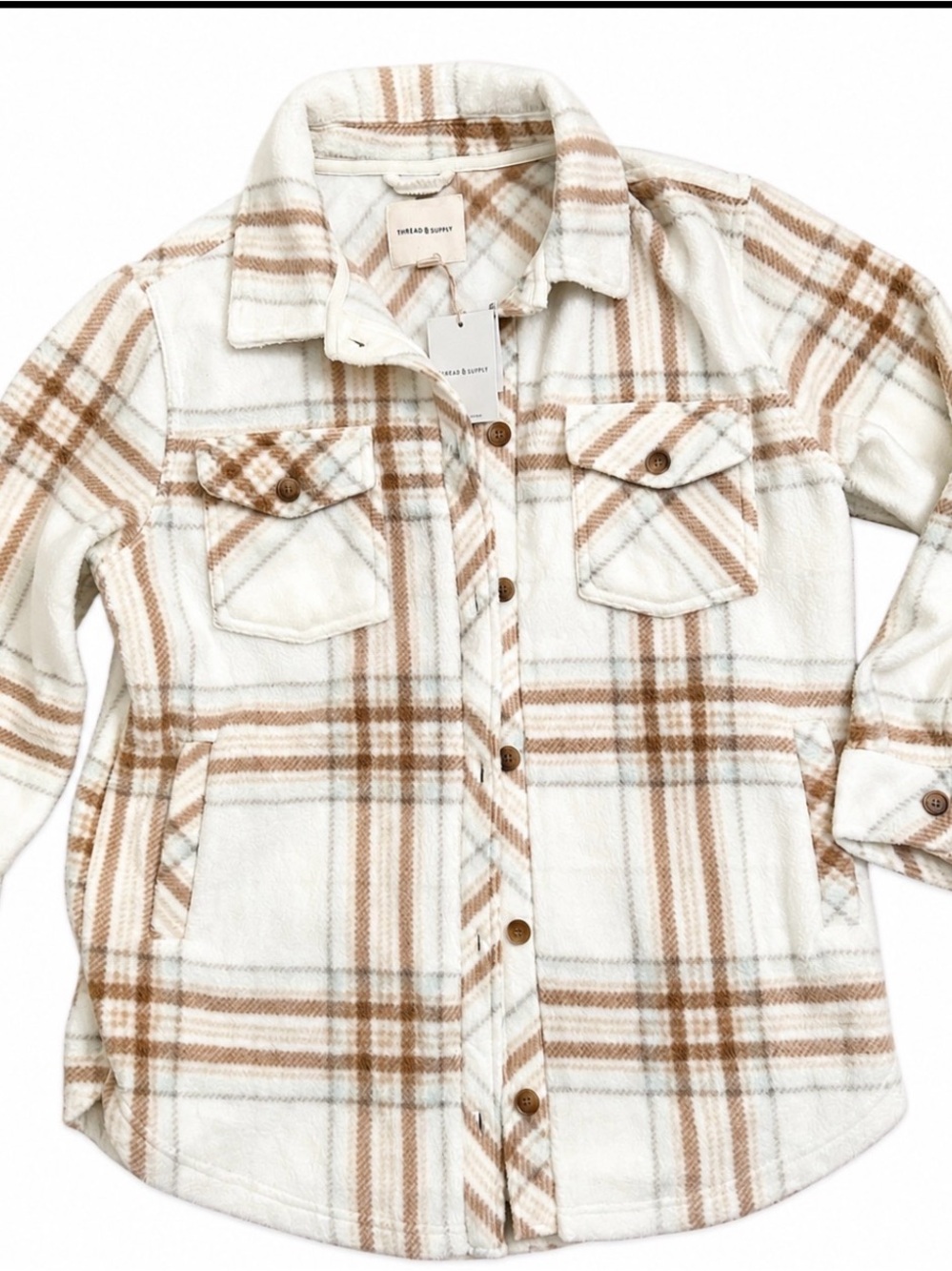 Thread & Supply Cream and Brown Plaid Button-Front Shacket from Nordstrom